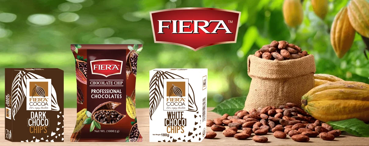 Fiera chocolate chips range with cocoa beans