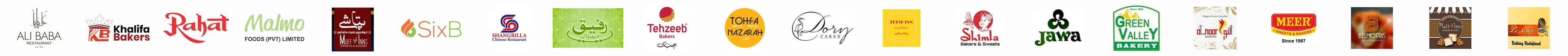 Client logos including COTHM, Cakes & Bakes, Gourmet, Kitchen Cuisine, Ali Baba, Khalifa Bakers, Rahat, Malmo Foods, SixB, Shangrilla, Tehzeeb Bakers, Tohfa Nazarah, Dory Cakes, Fresh Inn, Shimla, Jawa and Green Valley Bakery