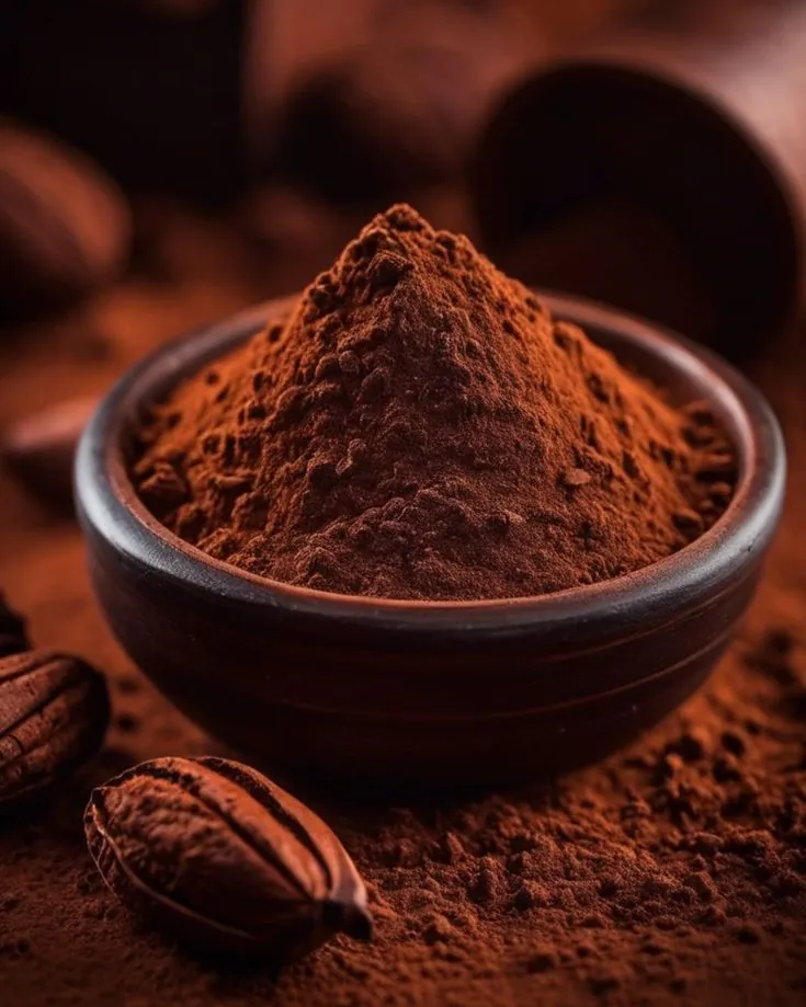 Bowl of cocoa powder with cocoa pods